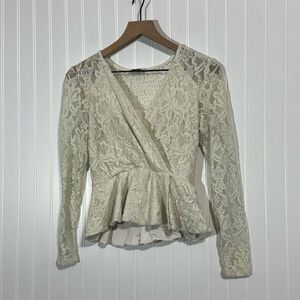 bebe Cream Lace Peplum Top Small S Long Sleeve Sheer Wrap Blouse USA Romantic
